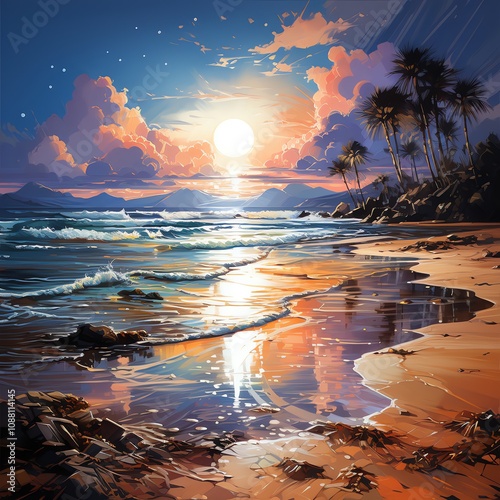 Vibrant sunset over a tropical beach with palm trees, reflecting on the wet sand.