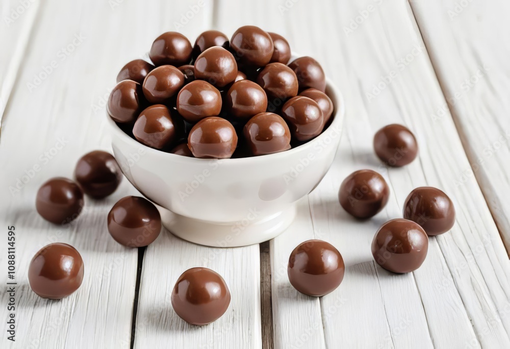 A close-up of chocolate balls in a jar on a white background