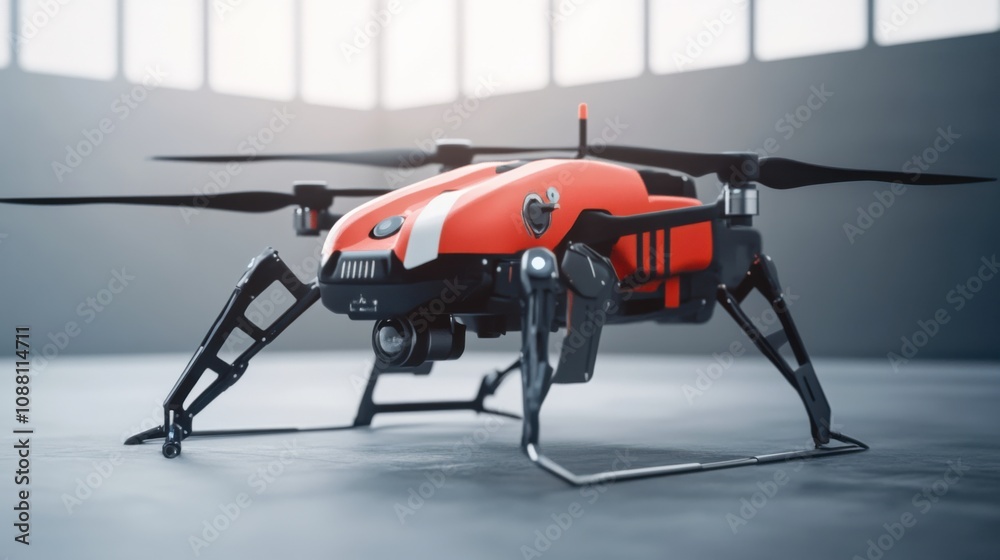 A futuristic AI-driven autonomous drone for search and rescue missions, clean disaster zone with drones designed for locating and aiding individuals in emergency situations, Search and Rescue style