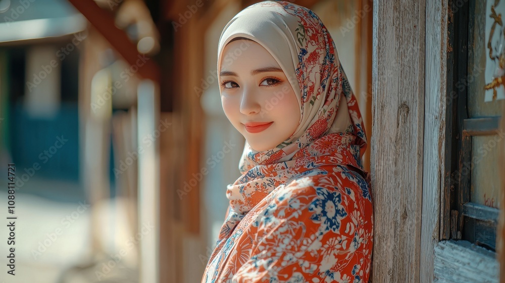 Woman in floral hijab poses near weathered wood Woman in floral hijab poses near weathered wood