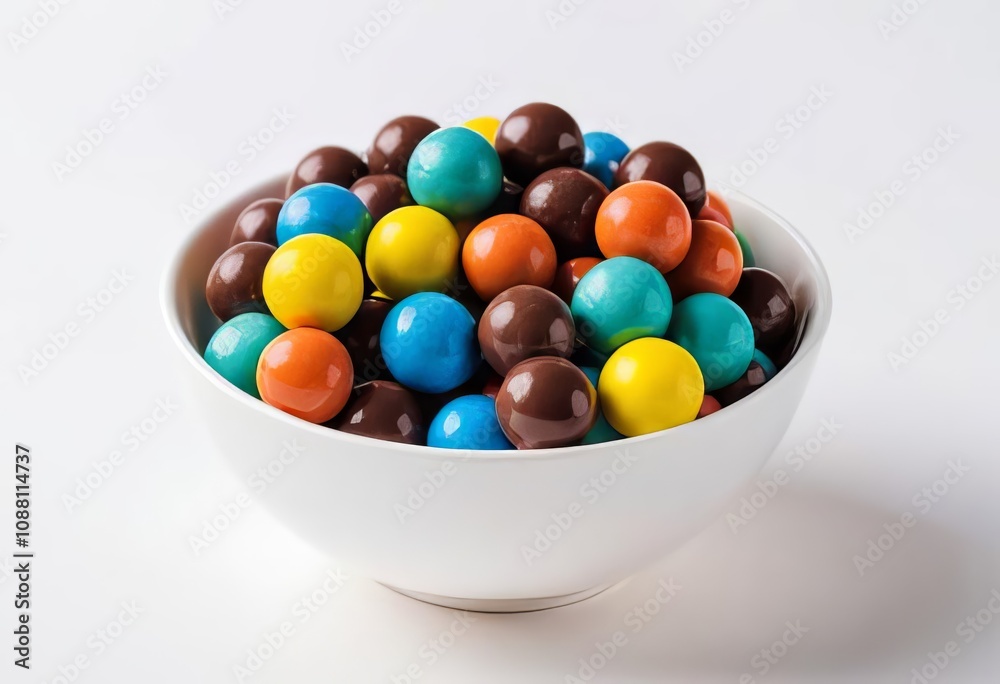 A white bowl filled with colorful chocolate balls, with a white background and selective focus