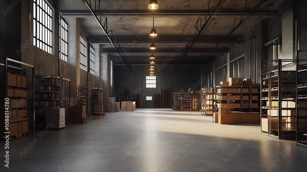 Sunlit industrial warehouse interior with rows of stacked cardboard boxes on metal shelving. Sunlit industrial warehouse interior with rows of stacked cardboard boxes on metal shelving.
