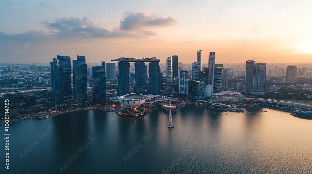 Fototapeta premium Singapore. September 12, 2022: Aerial view of Singapore cityscape with Singapore Flyer and Marina Bay Sands Hotel at dusk time