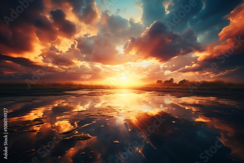 Vibrant sunset reflected in calm water, dramatic cloudscape.