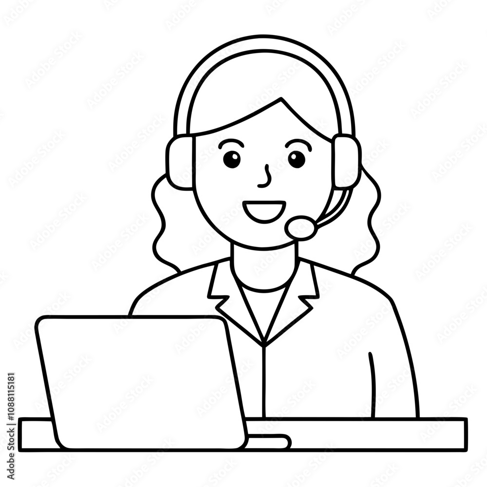 smiling female call center agent in headset work on computer smiling female call center agent in headset work on computer