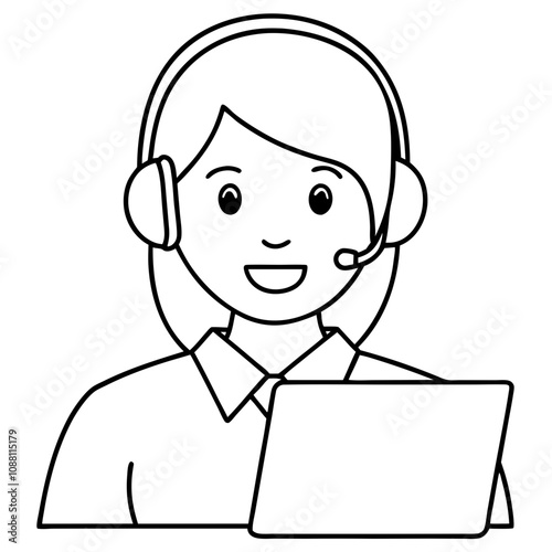 smiling female call center agent in headset work on computer