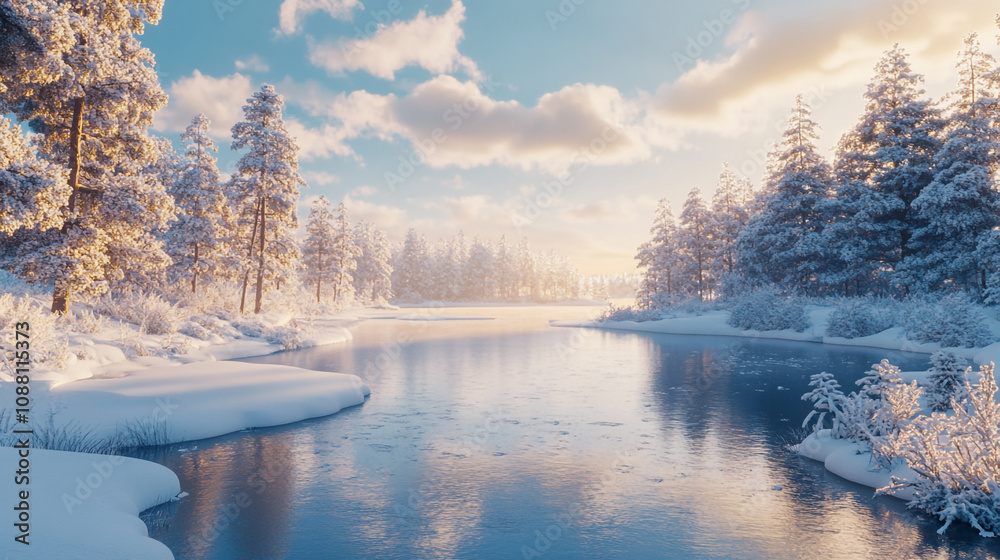 A serene winter landscape with a frozen river and snow-covered trees at sunrise A serene winter landscape with a frozen river and snow-covered trees at sunrise