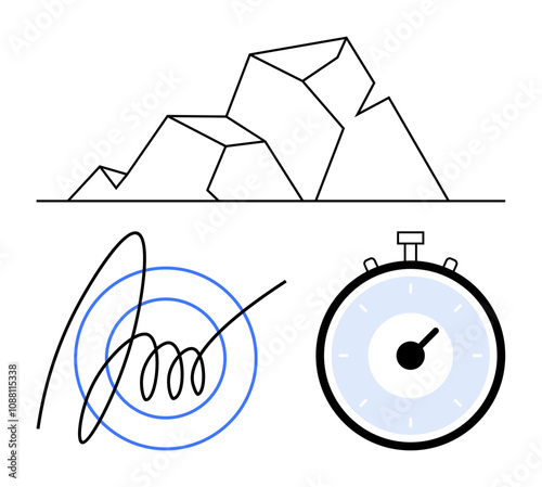 Mountain range stopwatch spirals. Ideal for themes of challenge, adventure, precision, creativity, goal setting, time management, perseverance. Line metaphor