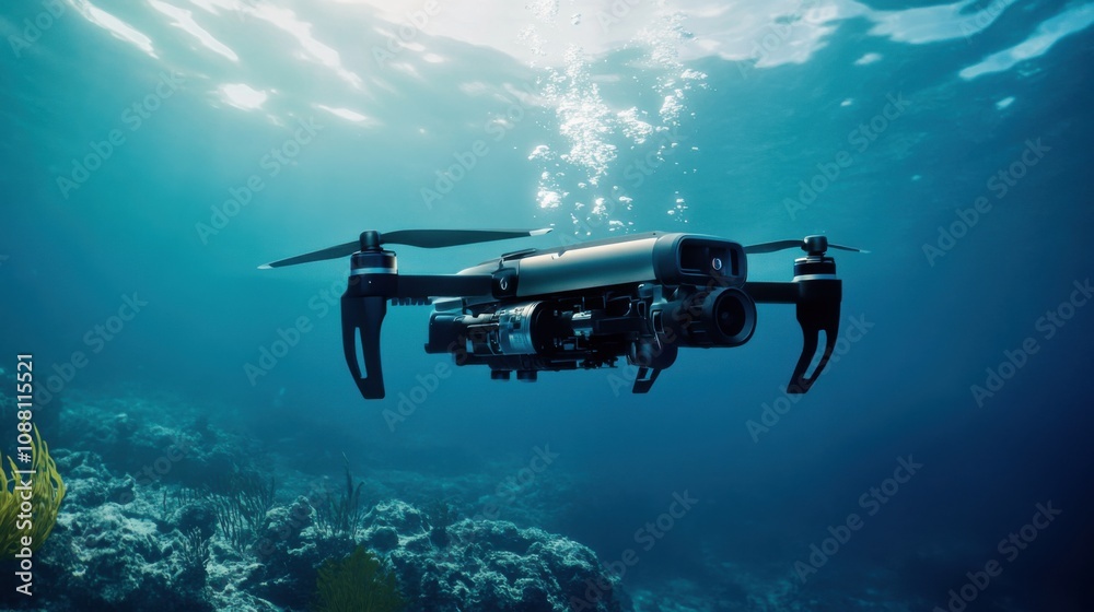 A futuristic AI-driven autonomous drone for underwater exploration, clean underwater environment with drones designed for mapping and studying marine life, Underwater Exploration style A futuristic AI-driven autonomous drone for underwater exploration, clean underwater environment with drones designed for mapping and studying marine life, Underwater Exploration style