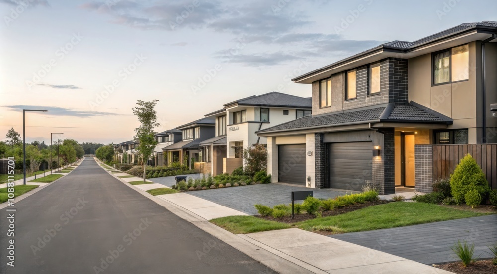 Modern Suburban Houses Line a Quiet Street During the Evening. Generative AI Modern Suburban Houses Line a Quiet Street During the Evening. Generative AI