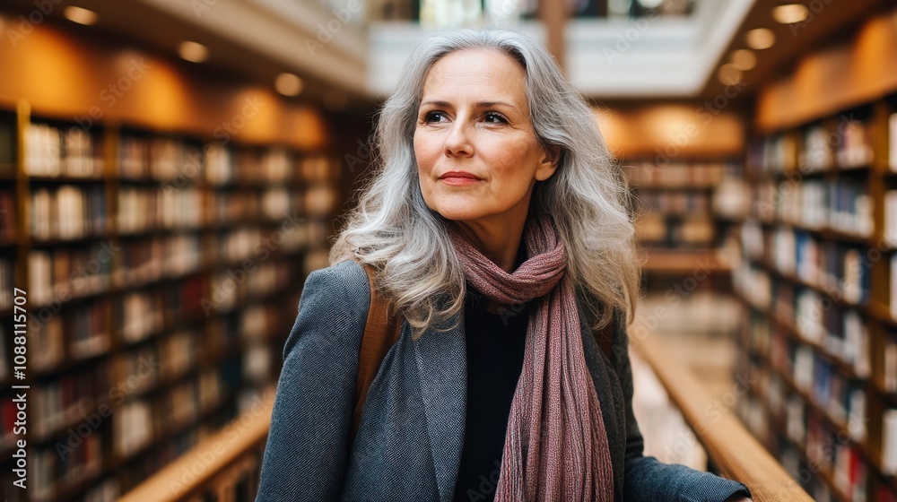 Thoughtful Woman in Library Setting Thoughtful Woman in Library Setting