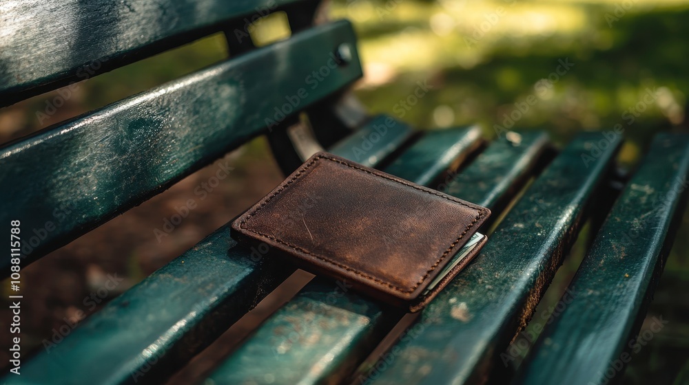 Fototapeta premium Warm Afternoon Scene with Unclaimed Wallet on Park Bench