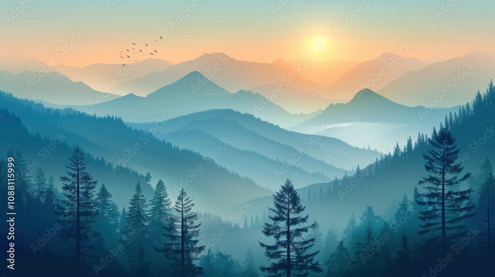 Obraz premium Serene sunrise over misty mountain range and coniferous forest.
