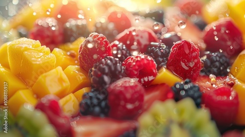 Close-up of fresh, colorful fruit salad with mango, raspberries, blackberries, and strawberries with water droplets on top.