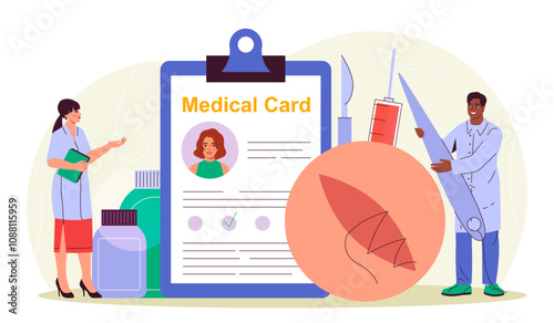 Surgeons with medical card. Woman and man in medical gown with scalpel near patients chart. Diagnosis and treatment. Healthcare and medicine. Flat vector illustration