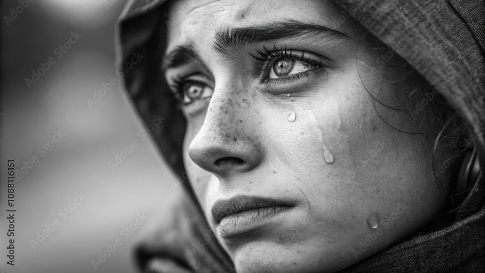 This portrait showcases a pair of piercing eyes shimmering with unshed tears surrounded by dark lashes. The facial skin slightly flushed illustrates the emotional weight of the This portrait showcases a pair of piercing eyes shimmering with unshed tears surrounded by dark lashes. The facial skin slightly flushed illustrates the emotional weight of the