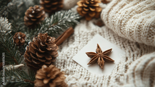 Cozy winter mockup featuring natural elements like pinecones and spices on a knitted blanket