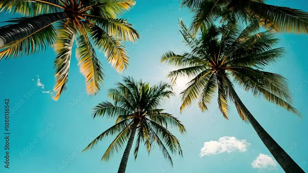 A serene view of palm trees silhouetted against a bright blue sky, with sunlight filtering through the leaves, evoking a sense of relaxation and tropical paradise. A serene view of palm trees silhouetted against a bright blue sky, with sunlight filtering through the leaves, evoking a sense of relaxation and tropical paradise.