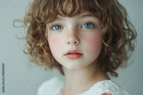 A young girl with curly hair and blue eyes gazes softly while wearing a white dress in a minimal, plain background setting