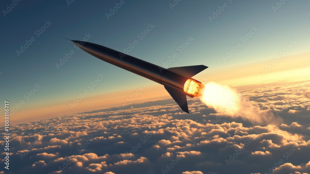 Fototapeta premium A black missile with bright orange fire blasts off into the sunset sky above white puffy clouds.