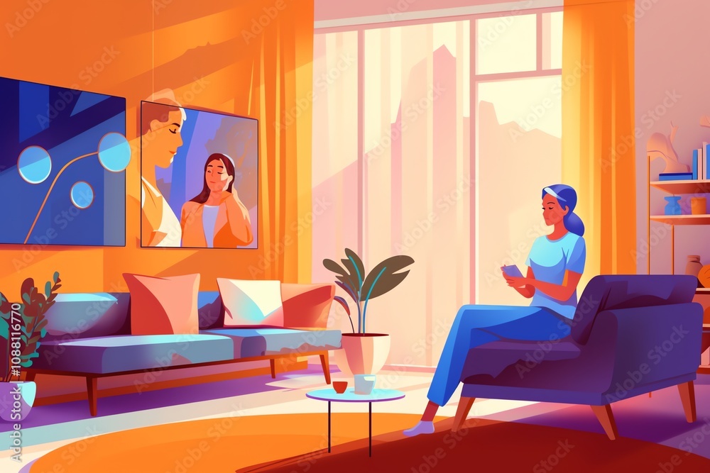 Fototapeta premium Woman relaxing on comfy couch in sunlit modern apartment, using tablet.