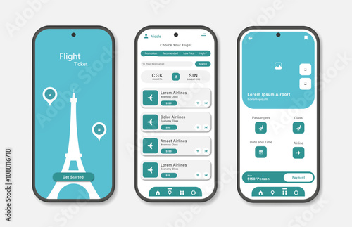 Online airline ticket booking design for mobile application. Airline ticket booking platform screen. Graphical user interface for responsive mobile applications