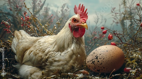 A breathtaking and detailed photo of a chicken with an egg, with a dramatic background.  photo