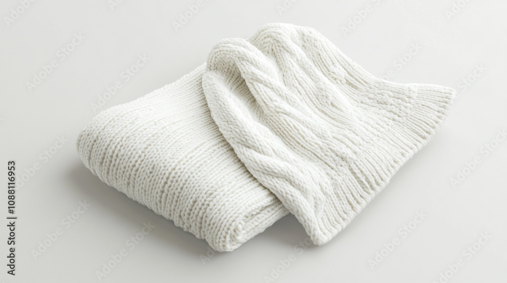 Cozy white knitted blanket folded on a soft surface ready for a comfortable evening at home Cozy white knitted blanket folded on a soft surface ready for a comfortable evening at home