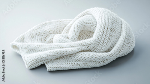 Soft white knitted scarf draped elegantly on a light gray surface, perfect for chilly days ahead