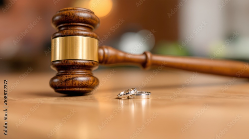 Wooden Gavel Next to Wedding Rings on Wooden Surface Symbolizing Marriage and Legal Ceremonies. Generative AI Wooden Gavel Next to Wedding Rings on Wooden Surface Symbolizing Marriage and Legal Ceremonies. Generative AI