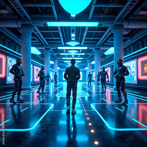 Exploring the neon drenched halls of a futuristic arcade with cybernetic guardians, digital art of futuristic fantasy concept. photo