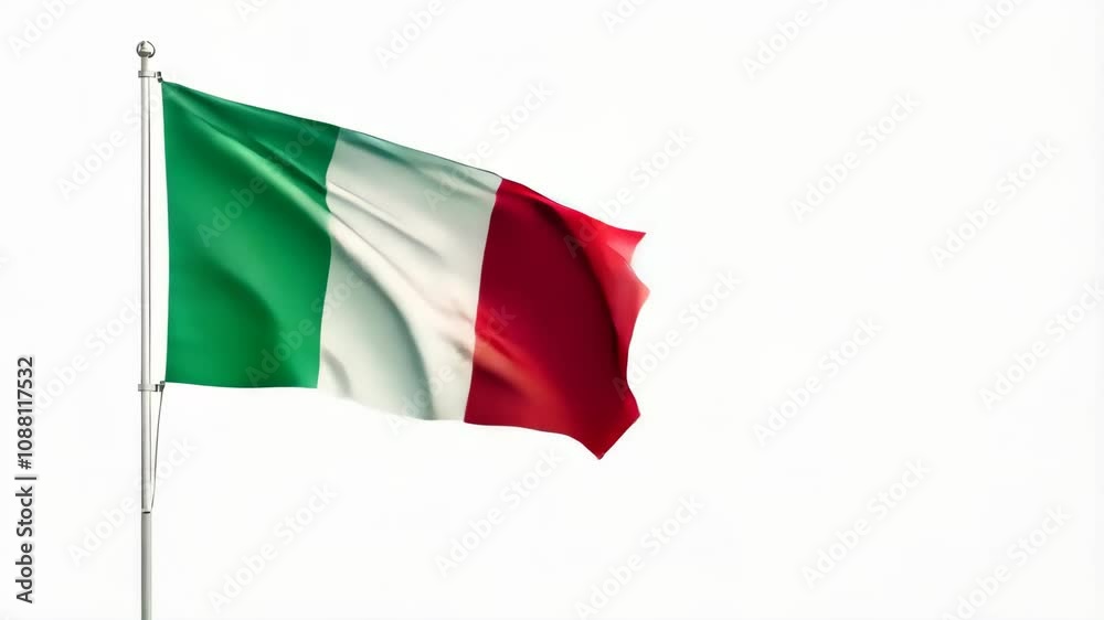 Italy national flag waving on a flagpole, showcasing its green, white, and red colors.