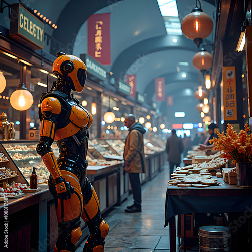 Futuristic marketplace featuring a robot in a bustling evening food market with warm lighting and intriguing displays, digital art of sci fi concept. photo