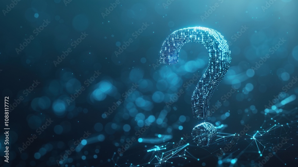 A 3D rendering of a question mark made of connected lines and dots against a blue background with bokeh effect. A 3D rendering of a question mark made of connected lines and dots against a blue background with bokeh effect.