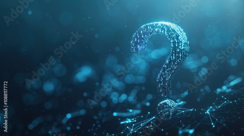 A 3D rendering of a question mark made of connected lines and dots against a blue background with bokeh effect.