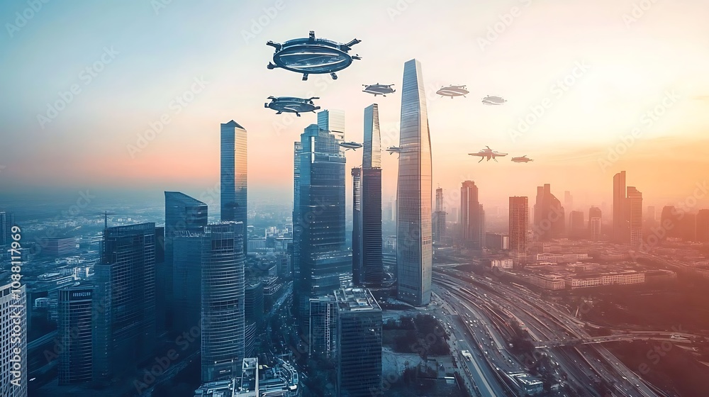 Futuristic city skyline with flying vehicles at sunset. Futuristic city skyline with flying vehicles at sunset.
