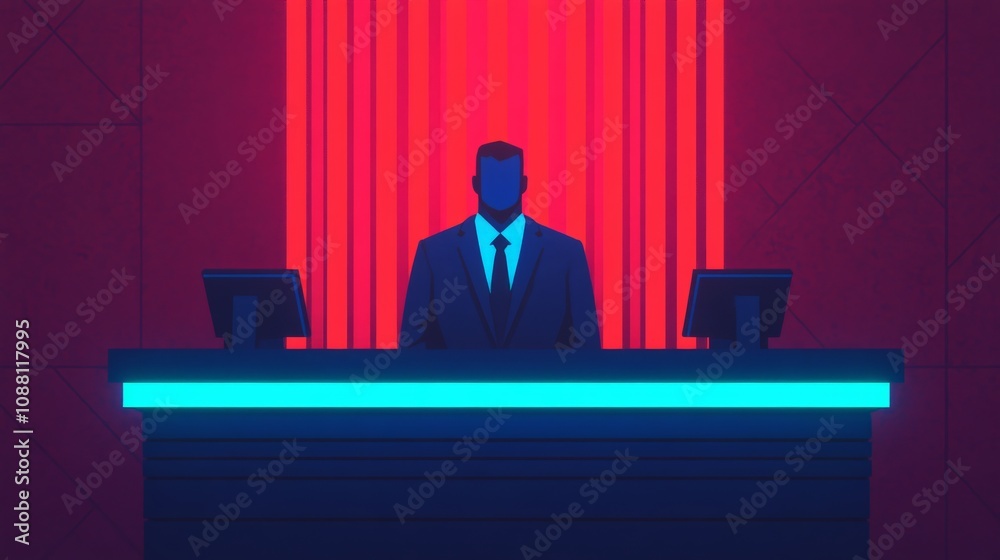 The Shadow of Power: A stark, minimalist illustration of a solitary figure seated at a desk, illuminated by a vibrant red spotlight, evokes a sense of control, mystery, and power. The silhouette. The Shadow of Power: A stark, minimalist illustration of a solitary figure seated at a desk, illuminated by a vibrant red spotlight, evokes a sense of control, mystery, and power. The silhouette.