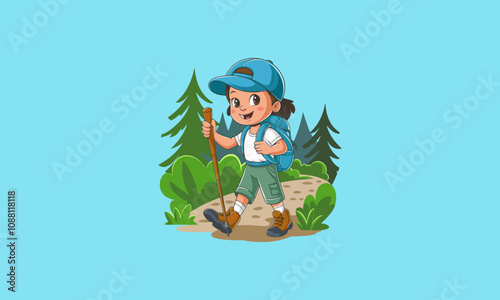 Happy kid hiking through forest with backpack and stick