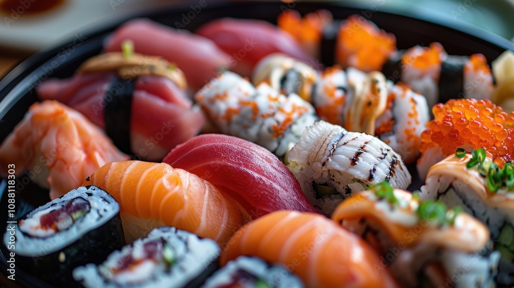 A platter of assorted sushi, featuring salmon, tuna, crab, and other seafood. A platter of assorted sushi, featuring salmon, tuna, crab, and other seafood.
