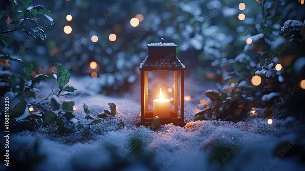 Enchanted Winter Scene Featuring a Lantern with Flickering Candle Surrounded by Snow, Greenery, and Soft Glowing Lights in a Magical Atmosphere Enchanted Winter Scene Featuring a Lantern with Flickering Candle Surrounded by Snow, Greenery, and Soft Glowing Lights in a Magical Atmosphere