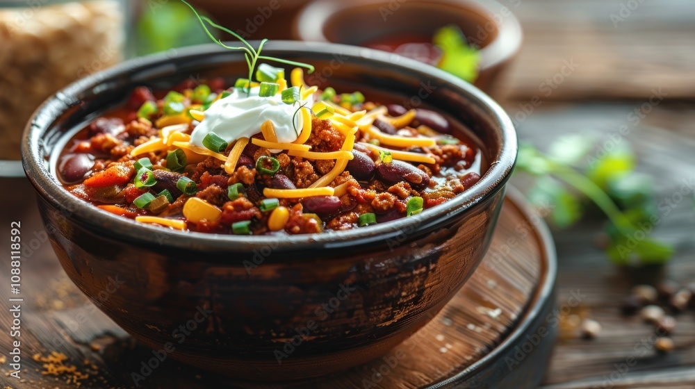 A hearty bowl of chili, topped with cheese, sour cream, and chives. A hearty bowl of chili, topped with cheese, sour cream, and chives.