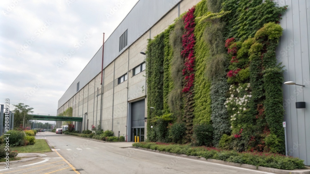 Vertical gardens climb factory exteriors improving air quality and aesthetics. Vertical gardens climb factory exteriors improving air quality and aesthetics.