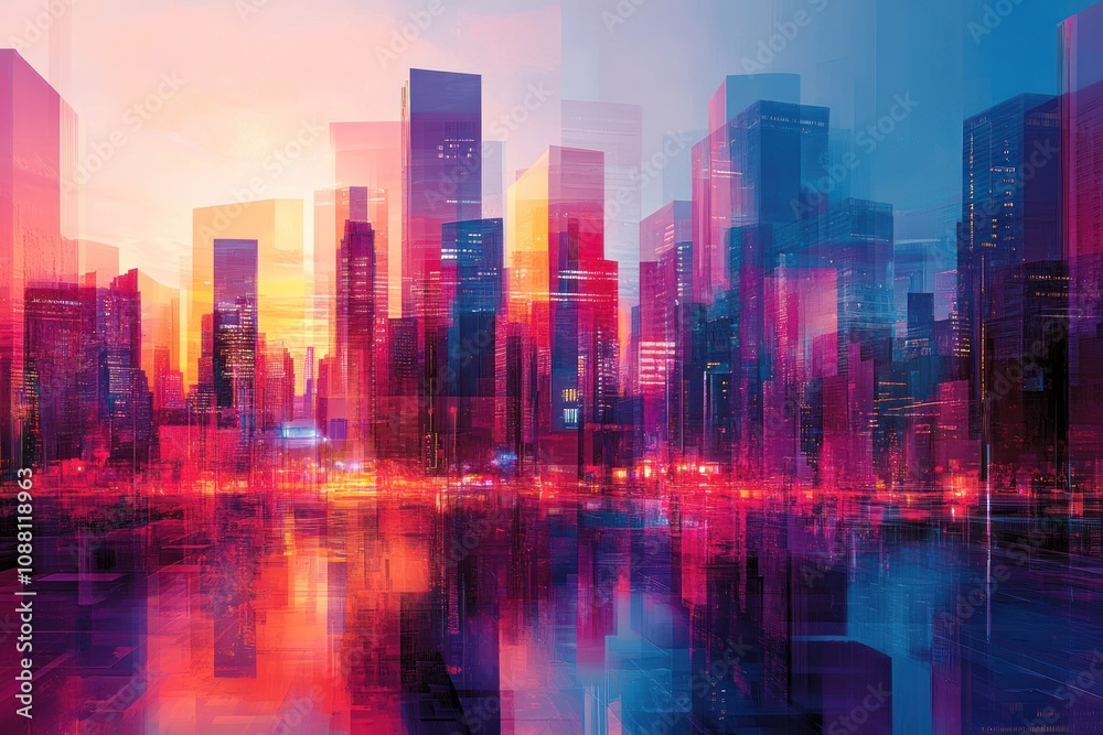 A colorful and abstract depiction of a modern city skyline with a reflection on the water. A colorful and abstract depiction of a modern city skyline with a reflection on the water.