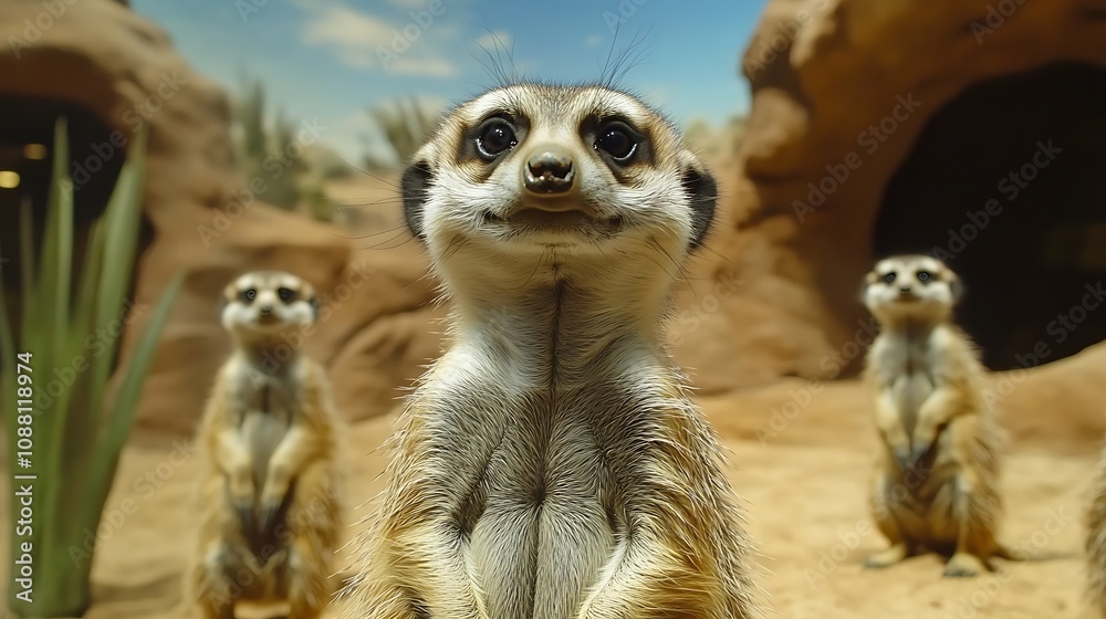 Three meerkats, one in sharp focus, sitting upright in a desert-like setting. Three meerkats, one in sharp focus, sitting upright in a desert-like setting.