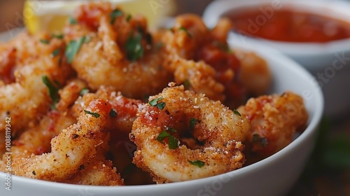 A bowl of crispy fried calamari with marinara sauce and a lemon wedge.