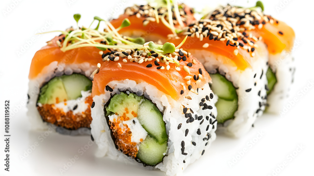 Delicious Salmon Sushi Rolls with Avocado and Cucumber. Delicious Salmon Sushi Rolls with Avocado and Cucumber.