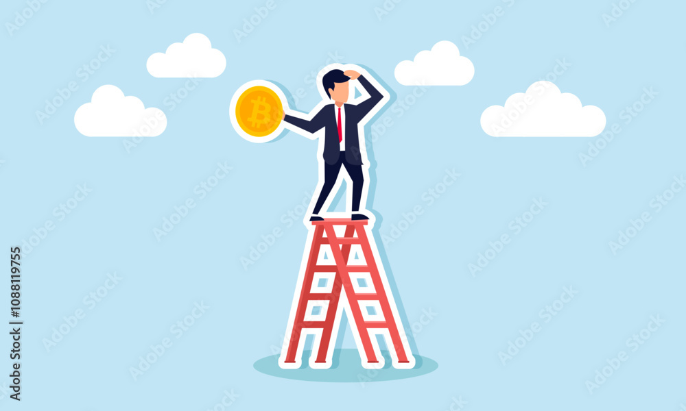 A businessman stands on a ladder holding a bitcoin, observing something, illustration of monitoring bitcoin valuation movements A businessman stands on a ladder holding a bitcoin, observing something, illustration of monitoring bitcoin valuation movements