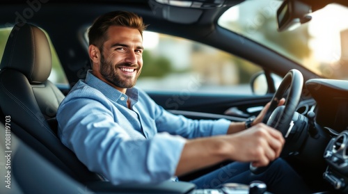 Businessman Enjoying His New Luxury Car While Shifting Gears on a Sunny Day. Generative AI