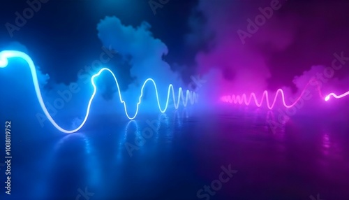 Blue and purple neon lines glowing brightly against a smoky, blurred backdrop, with occasional electric arcs lighting up the foreground