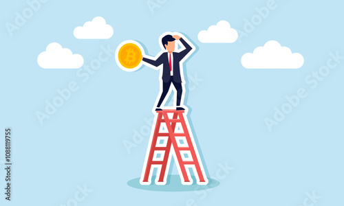 A businessman stands on a ladder holding a bitcoin, observing something, illustration of monitoring bitcoin valuation movements